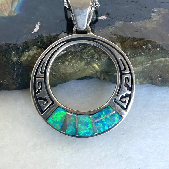 VTG Sterling Silver 925 Navajo Opal Inlay Southwest Style Pendant Necklace 18" - Picture 8 of 16